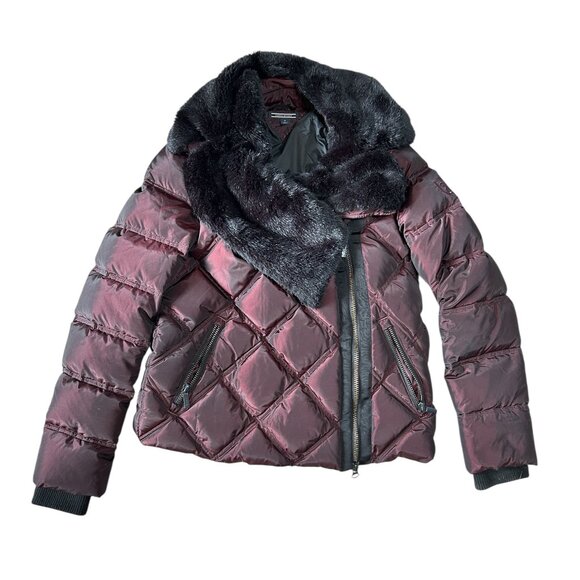 Tommy Hilfiger Deep Purple‎ Iridescent Puffer Jacket • Faux Fur Collar Short M - Picture 3 of 7